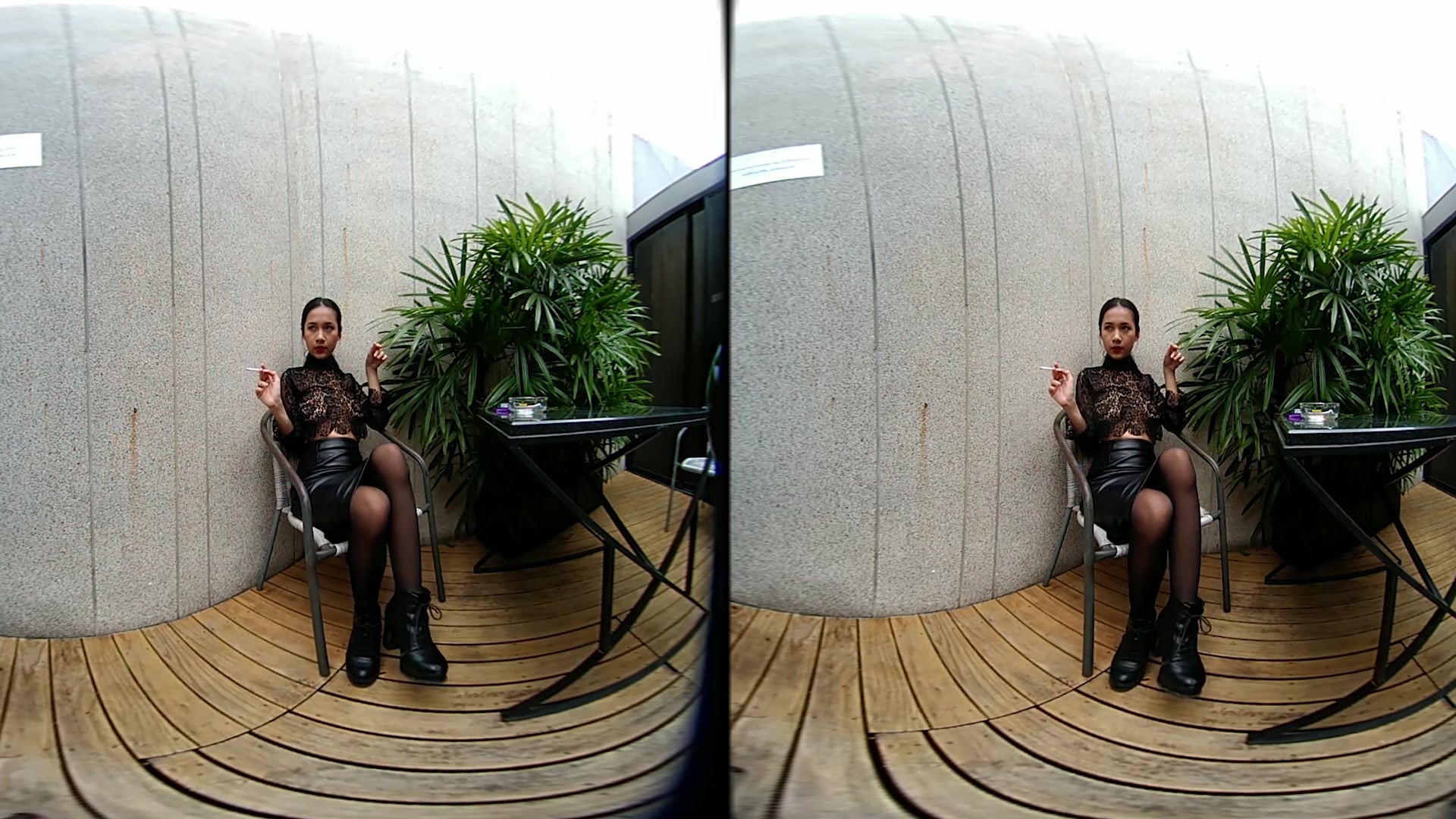 Young Girl Smokes Topless And In Leather Skirt - VRPussyVision