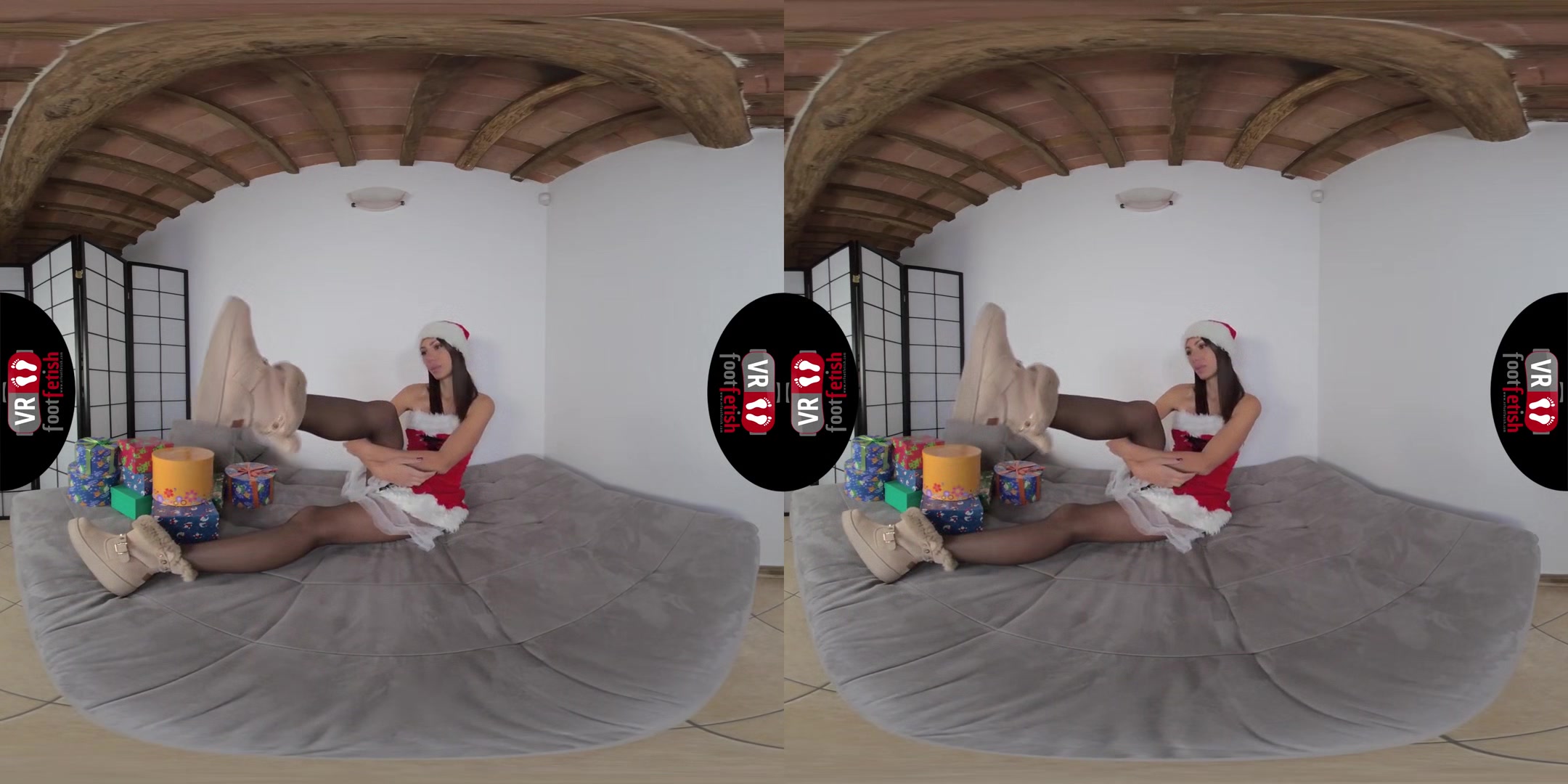 Stunning Daniela flaunts her sexy feet and wishes you Merry Christmas; Stockings Foot Fetish VR