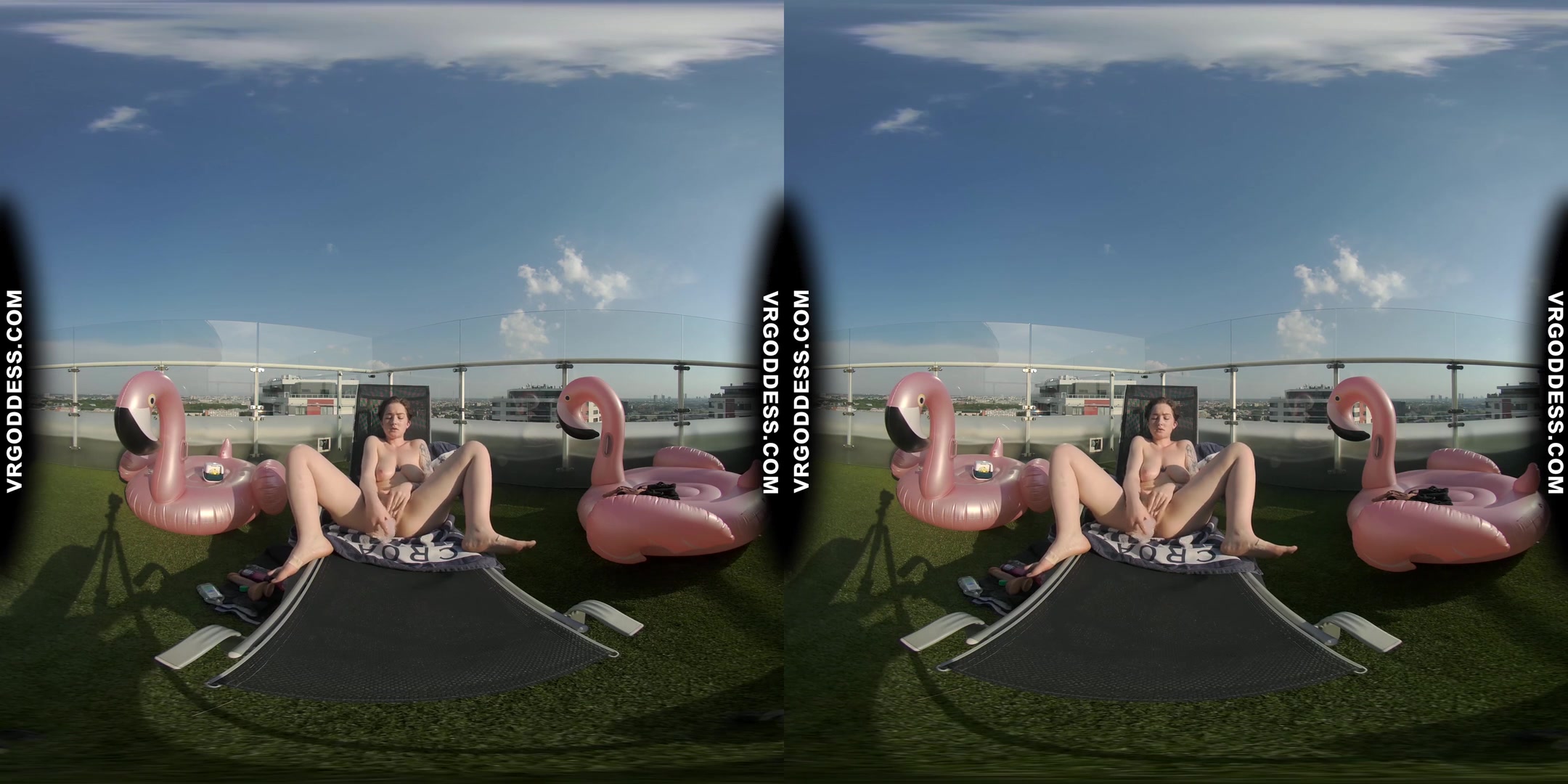 Big Boobed Tattoo Sammy Masturbating With A Dildo In The Sun On Private Penthouse Rooftop