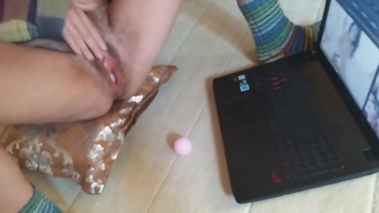 Natural Hairy Pussy Girl Watching Porn And Masturbate With 3 Ping Pong Balls