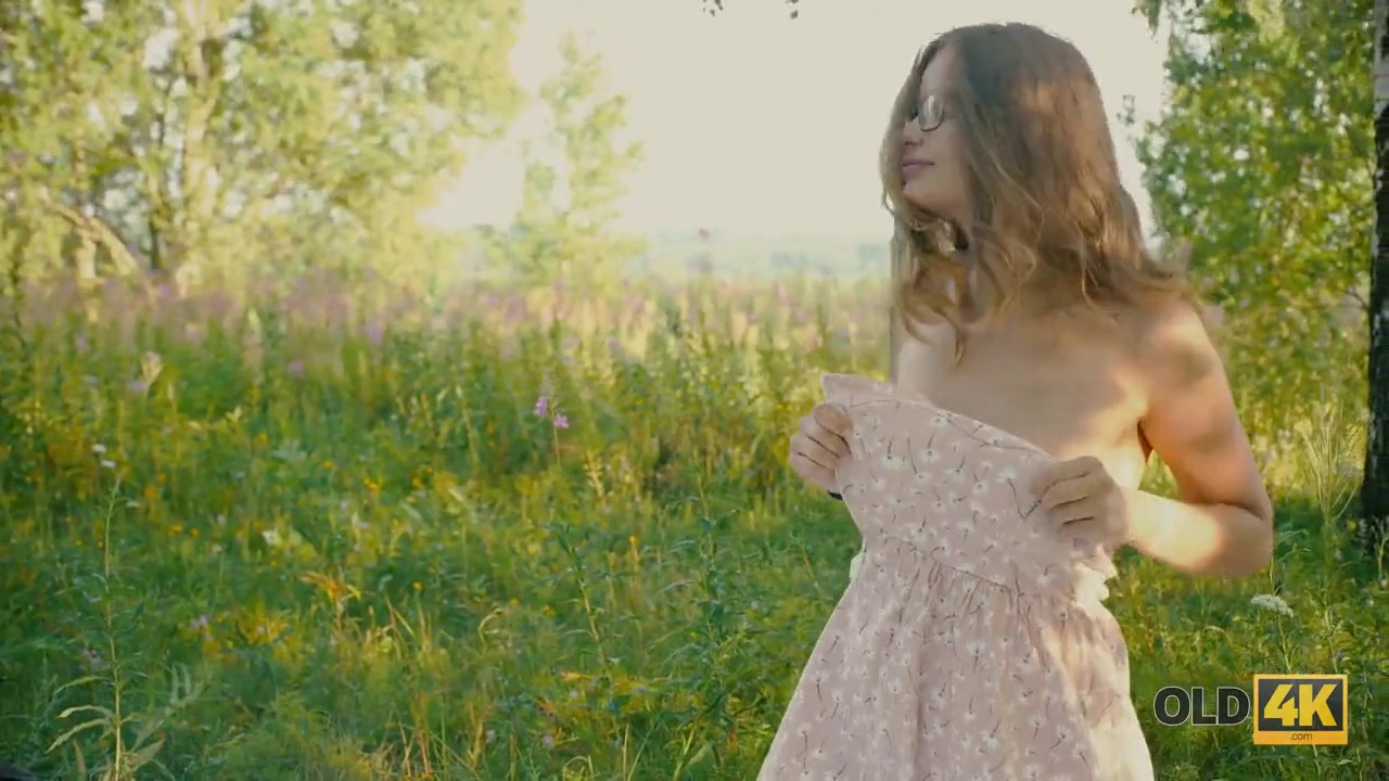 OLD4K. Beautiful redhead with glasses rides old dick in the woods