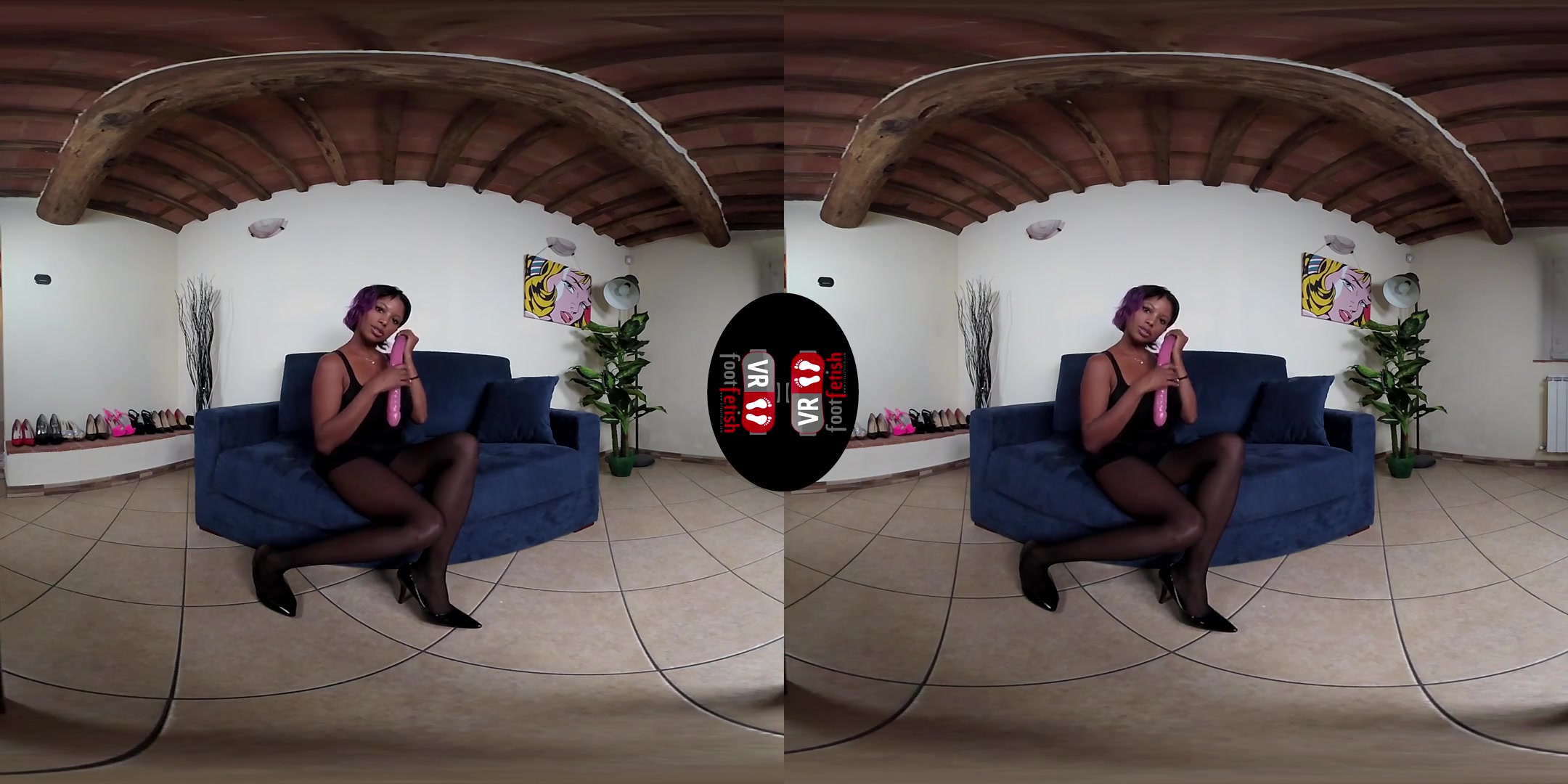 Hottie Janelle Plays With Pink Double Dildo In Black Nylons; Big Tit Black Babe with a Double Ended Dildo Leg and Foot Fetish VR