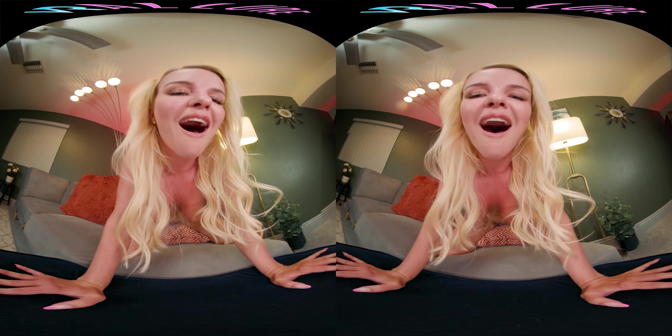 Curvaceous blonde fingers herself and humps a pillow in VR