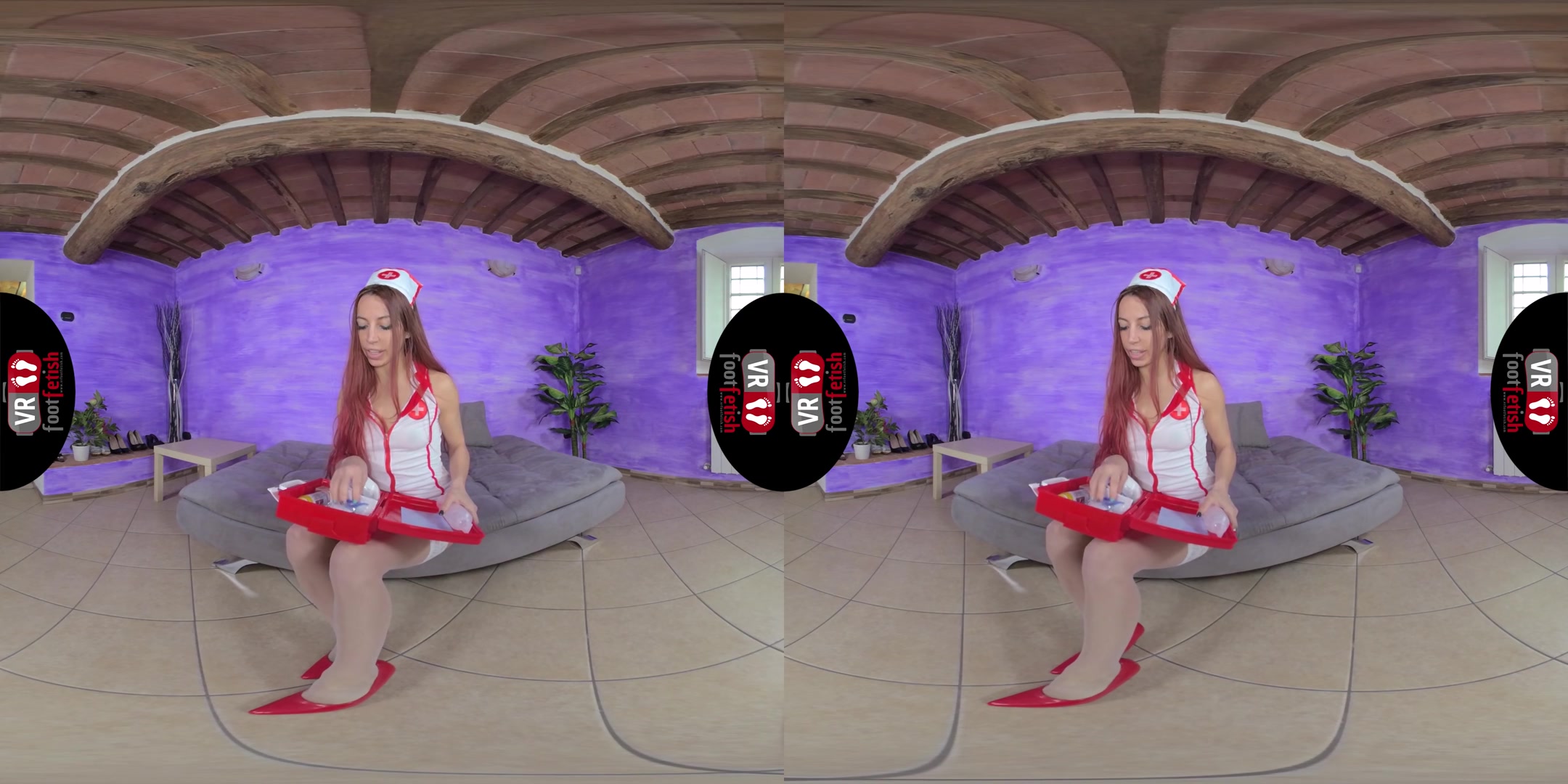 Deliciously Sexy Elettra In A Red And White Nurse's Uniform - VRFootFetish