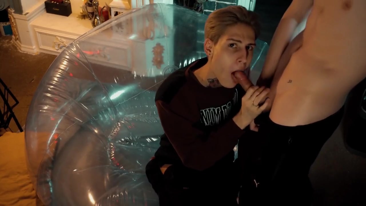 Two Sweet Guys Share An Inflatable Chair