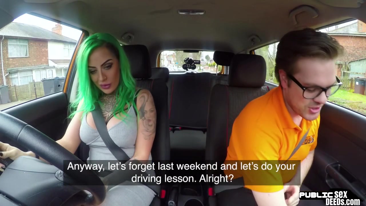 Green haired car driver pussy fucked in POV by instructor