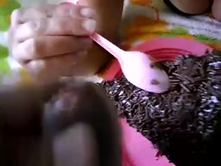 Latina slut eating cum with cake