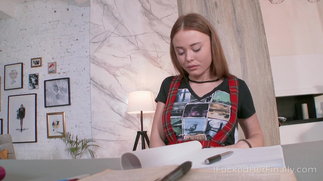 Lazy student 18+ squeezes her boobs when tutor walks into the room