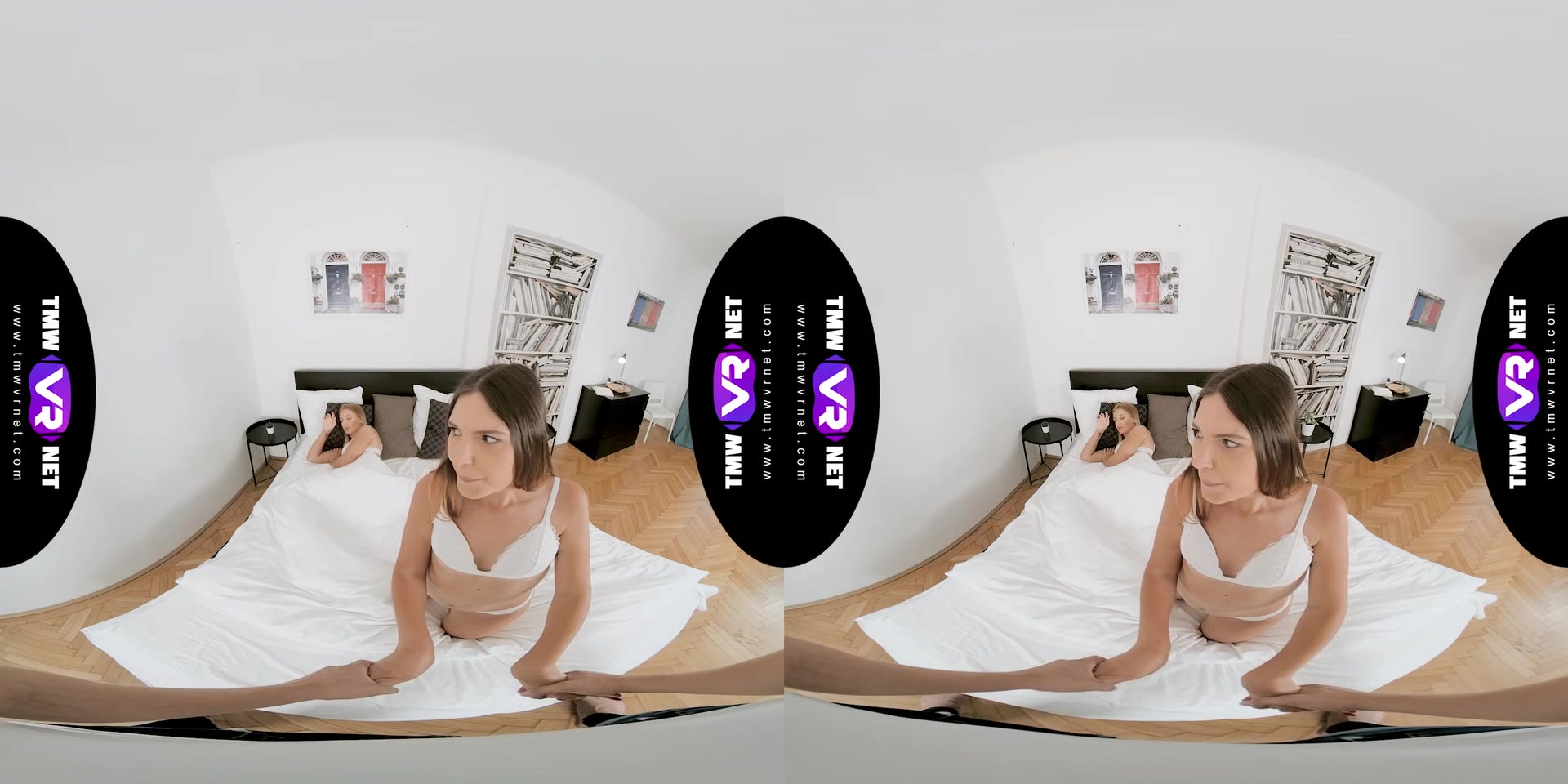 Playful trio in bed