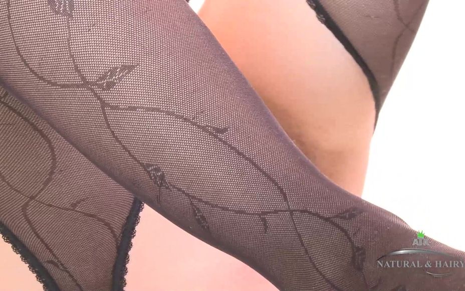 Sexy Victoria Spreads Her Legs That Are Covered In Stockings, Spreading Her Hairy Pussy Lips To Masturbate