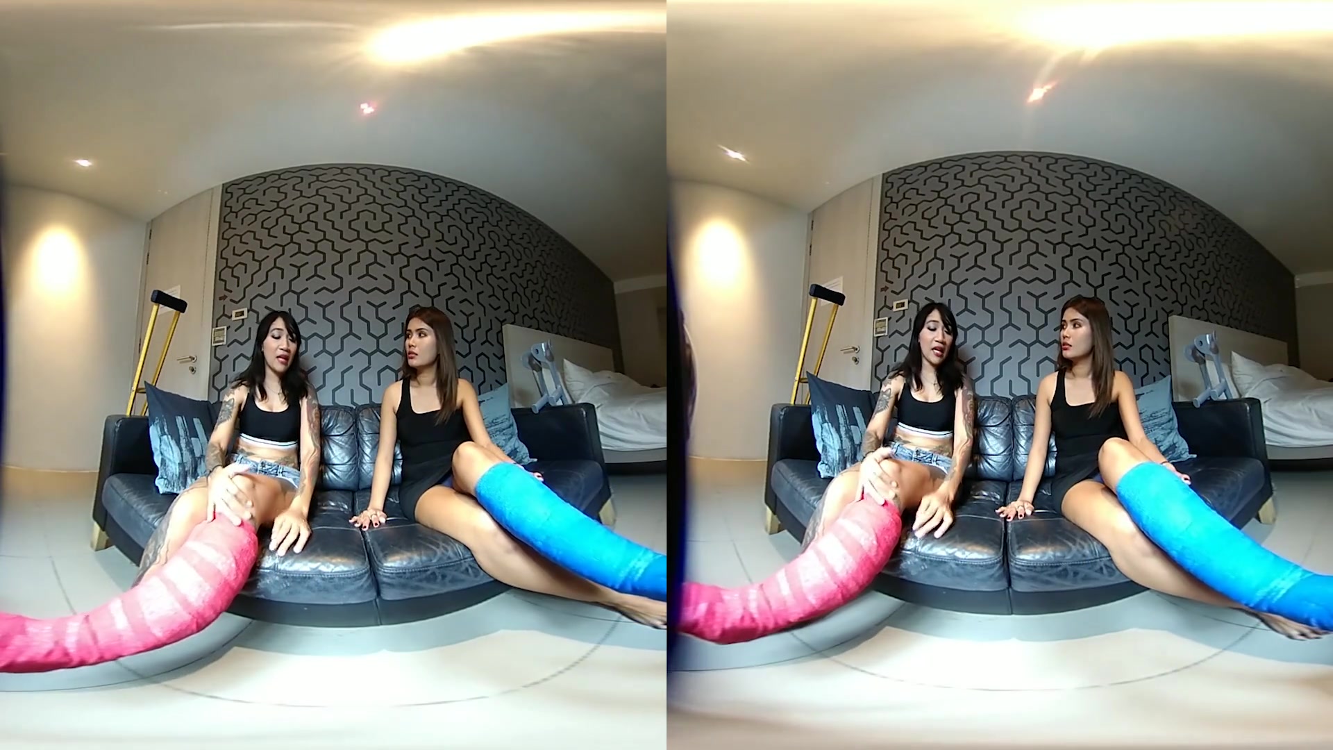2 Girls With Short Cast Leg - The Girls Talk Thai - VRpussyVision