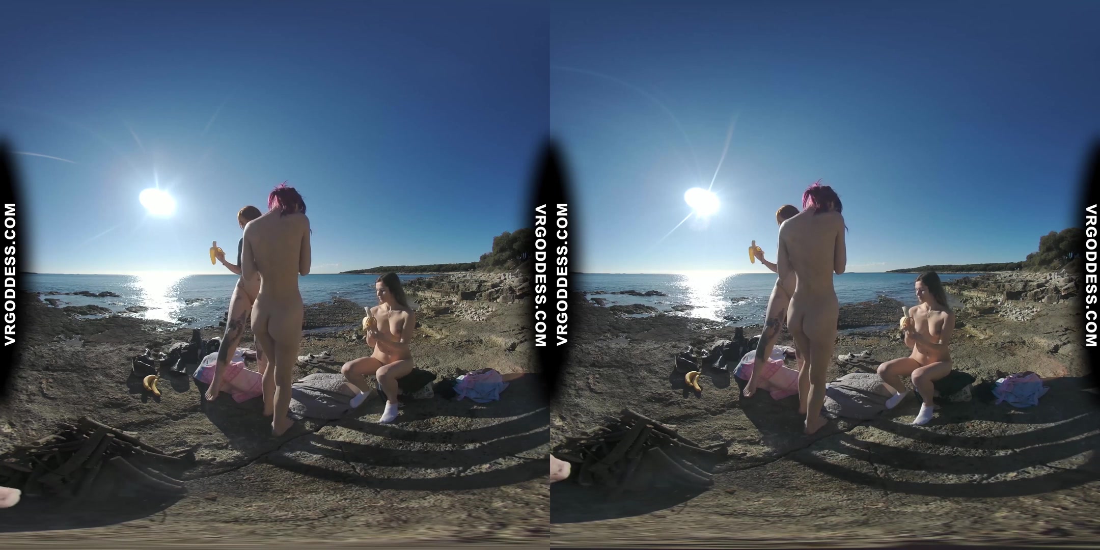 3 Hot Girls Getting Naked On Beach During Winter Making Fire Eating Bananas Dancing