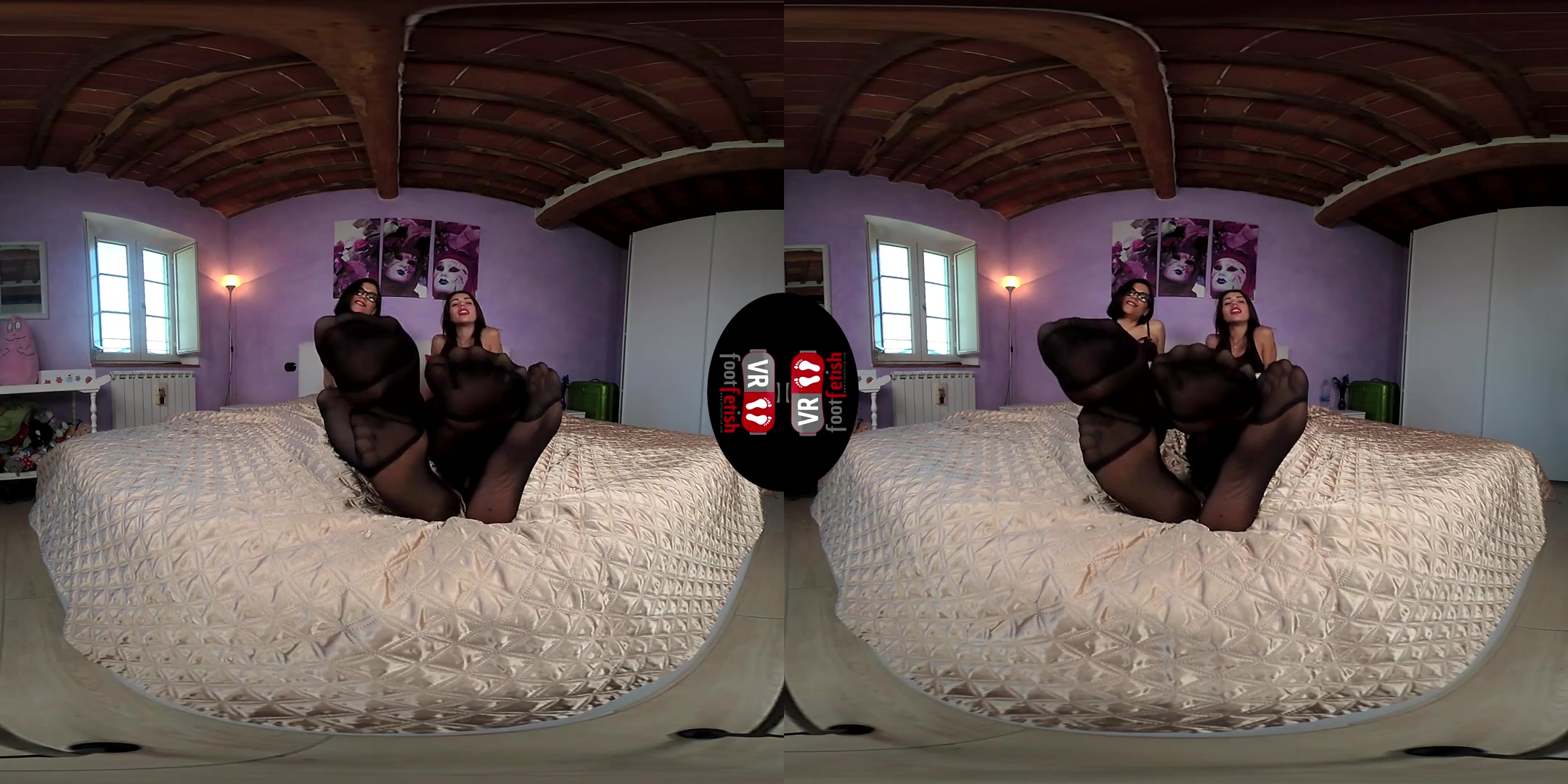 Brunette Power: Chiara and Petra Lay Down in a Bed in Black Nylons - Stockings Foot Fetish Lesbian Feet
