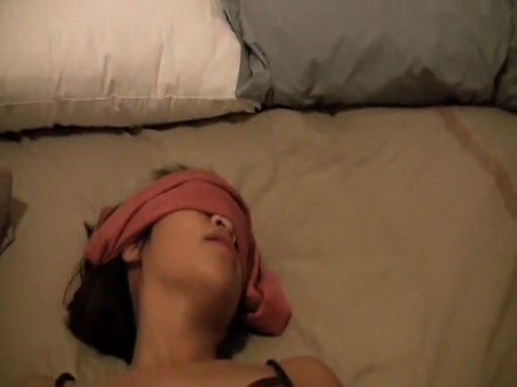 Blindfolded girl with a hairy pussy received a stiff rod
