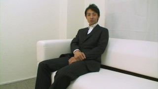 Japanese businessman in three-piece suit strips down and masturbates