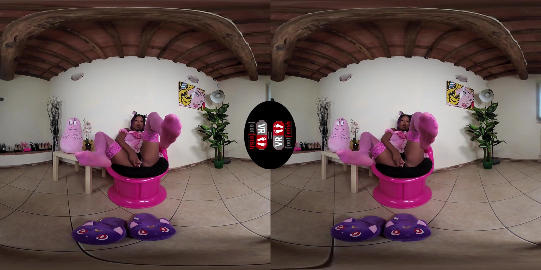 Hot Brunette Janelle Plays With Dildo Dressed In Pink Stockings With Kawaii Slippers; Ebony Babe in Kitty Cosplay Foot Fetish VR