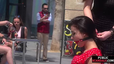Submissive babe exposed outdoor in public by domina