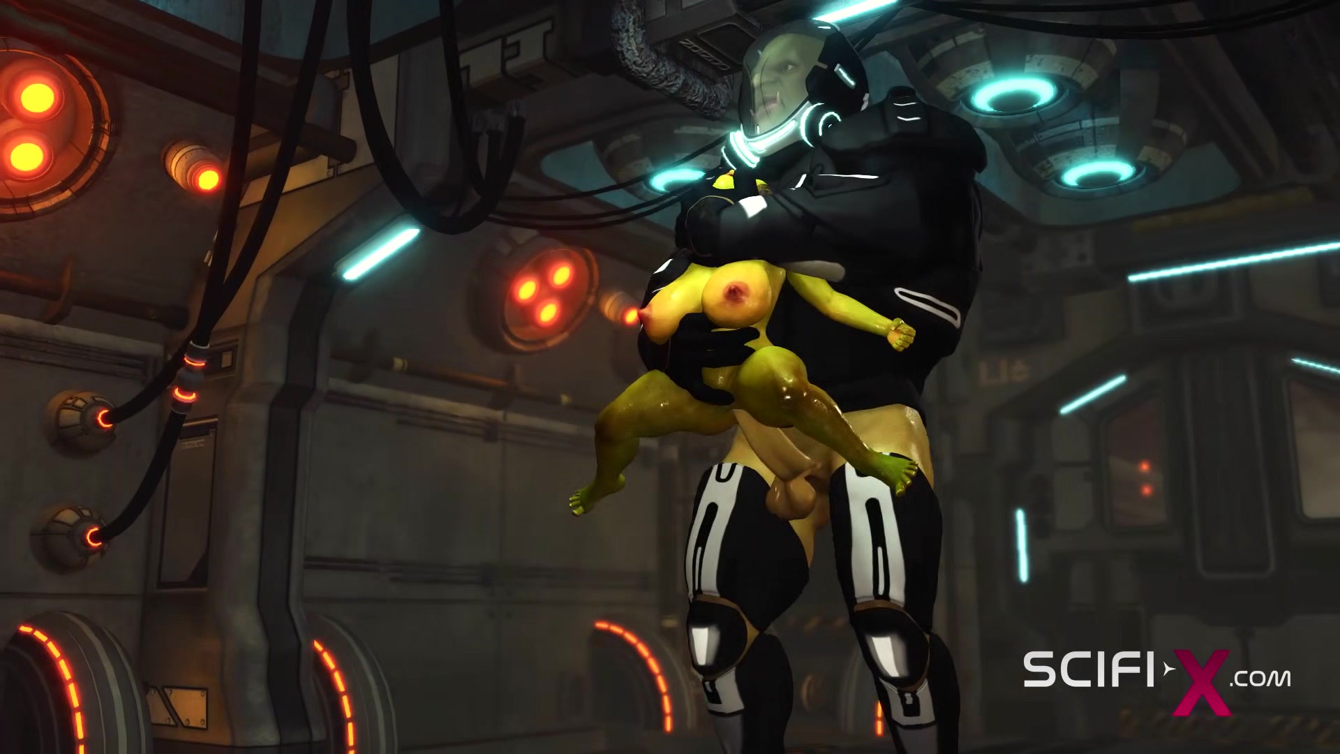 Alien sex in a starship. Female green alien gets fucked by a big monster