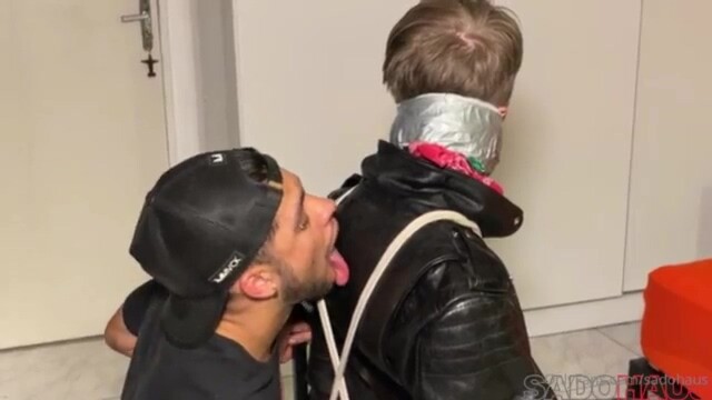 Bound leather boy cum load