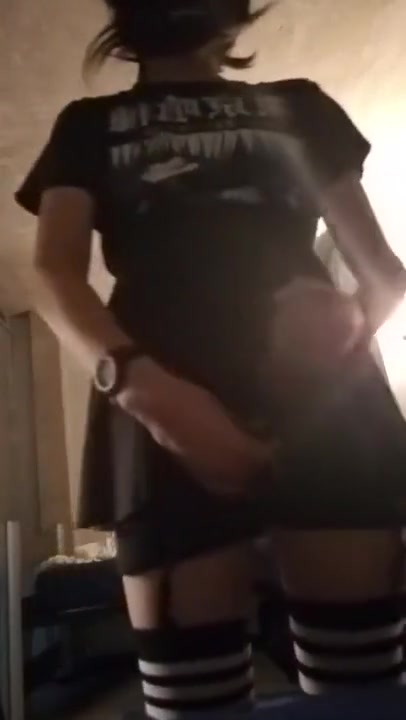 Crossdressing tall femme boy strokes cock and cums