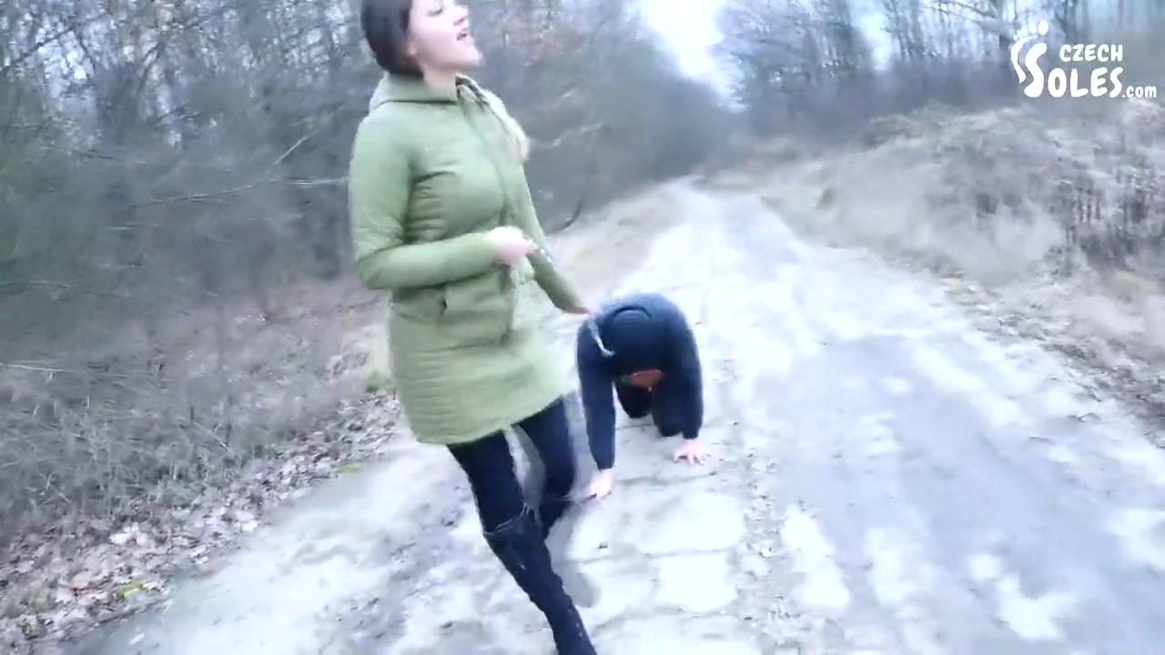 Walking The Doggy In The Cold - Boots Worship femdom Footdom Boots Licking Foot Slave On Leash