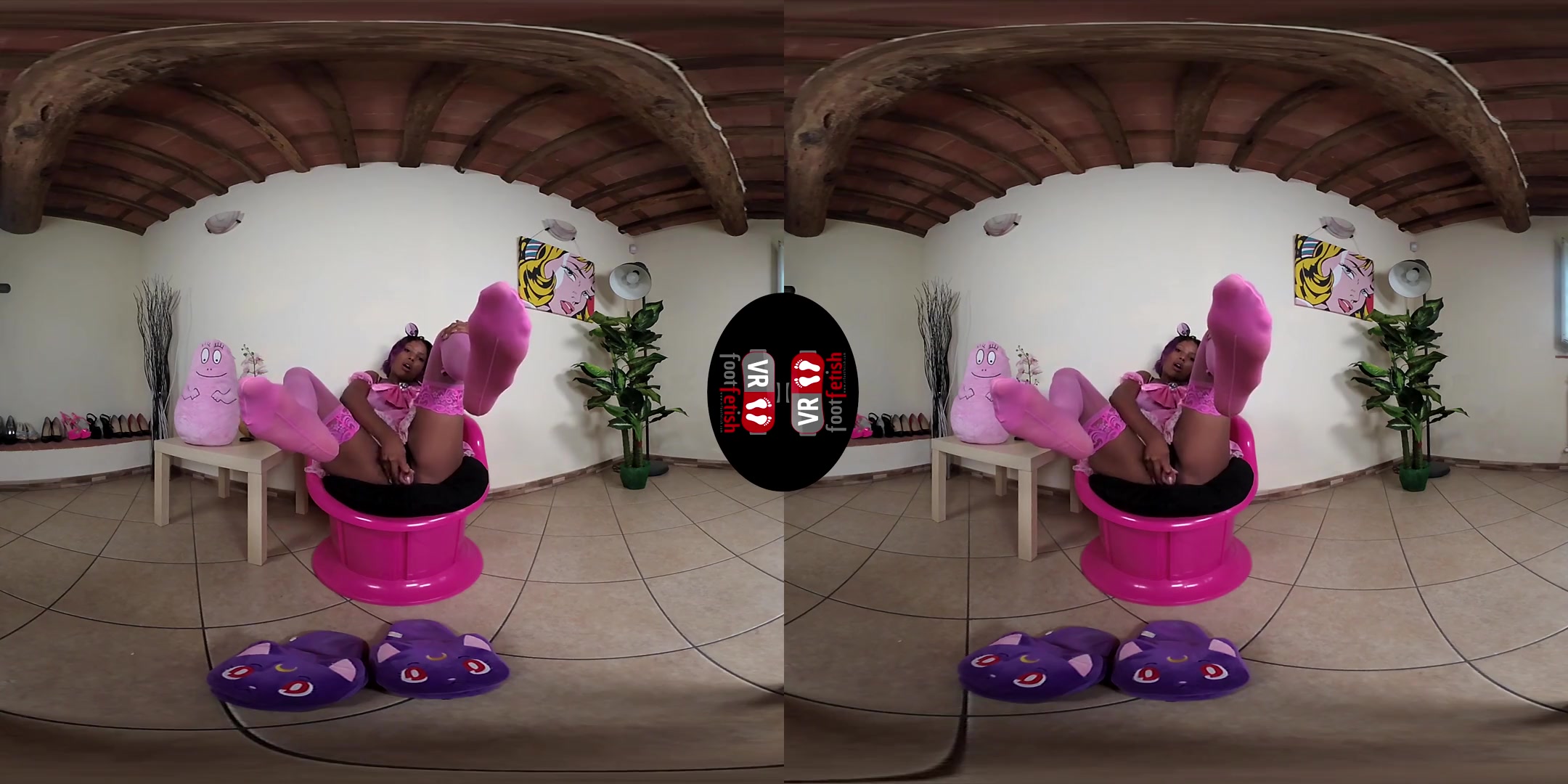 Hot Brunette Janelle Plays With Dildo Dressed In Pink Stockings With Kawaii Slippers; Ebony Babe in Kitty Cosplay Foot Fetish VR