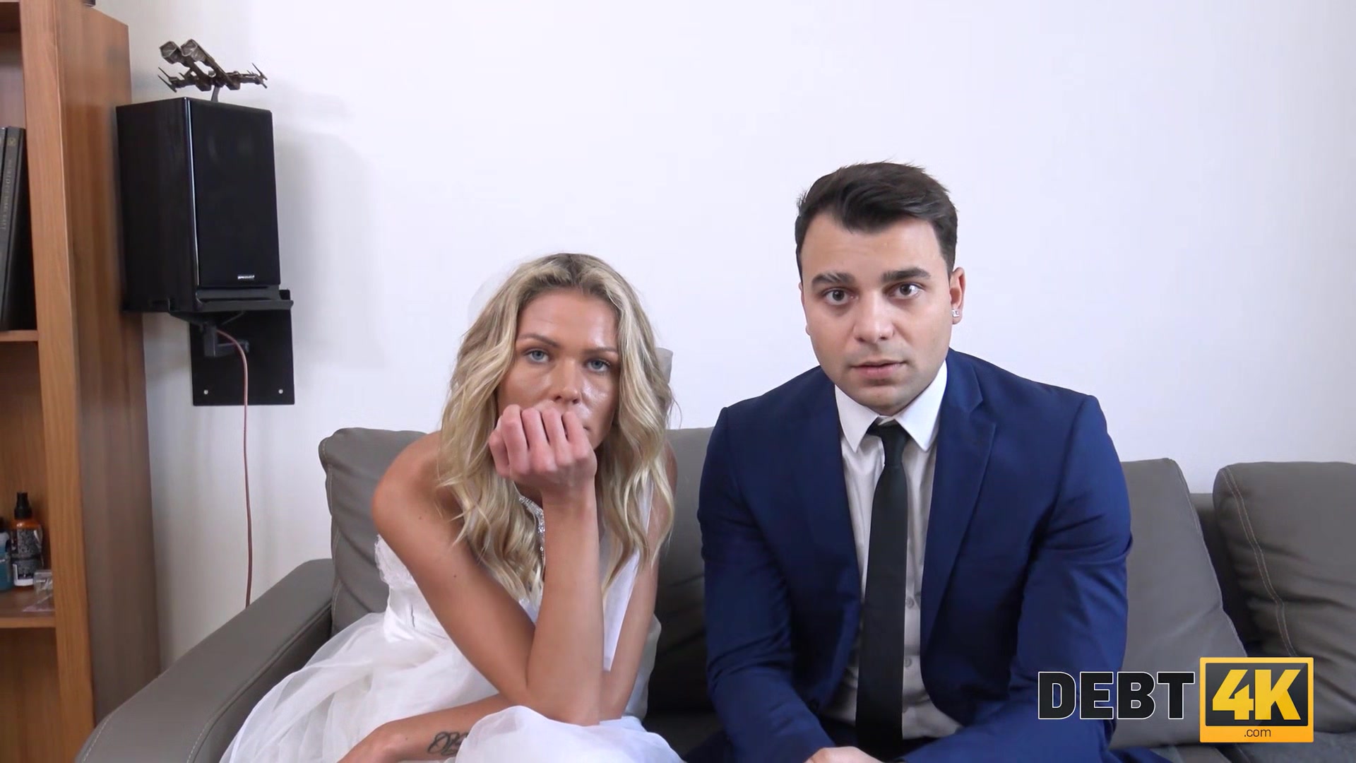 DEBT4k. Debt collector fucks the bride in white dress and stockings