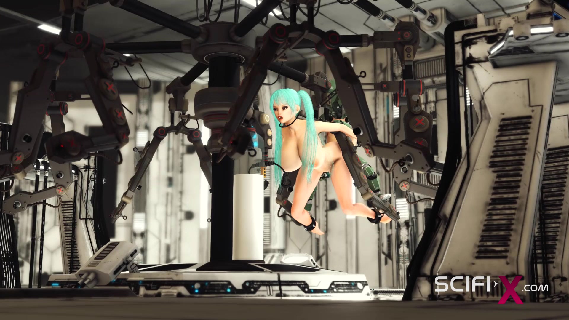 Sex in a spaceship. Space busty girl in cuffs gets fucked hard by sex robot in the lab