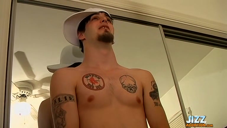 Tattooed twink jizzes on his glass of soda and drinks it
