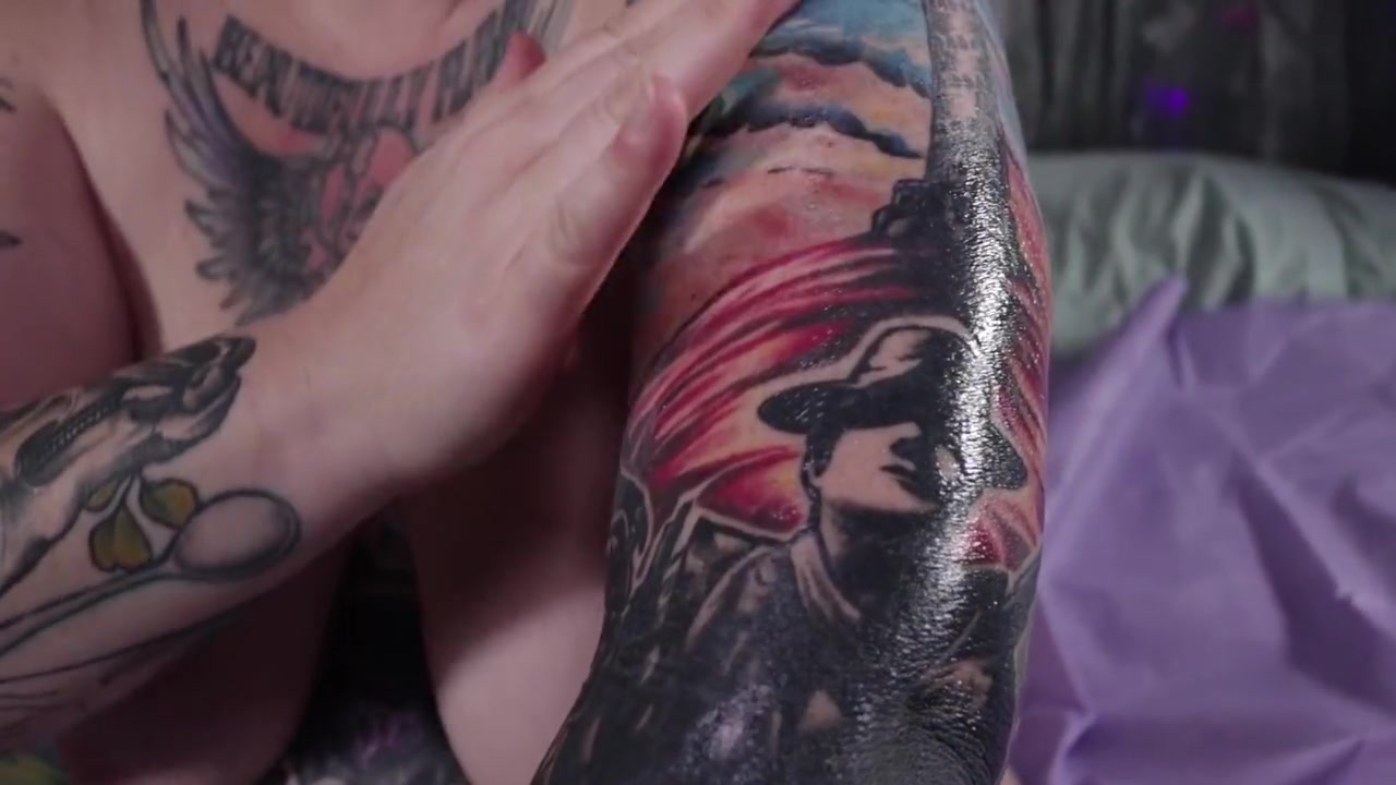 Fat Hairy Tattooed Milf Oils Her Big Tits Ass And Feet