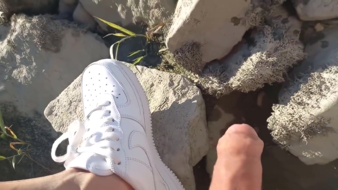Risky Public Masturbation, Cumshot Outside, Outdoors, By The Water, Of A Twink With Long Black Hair