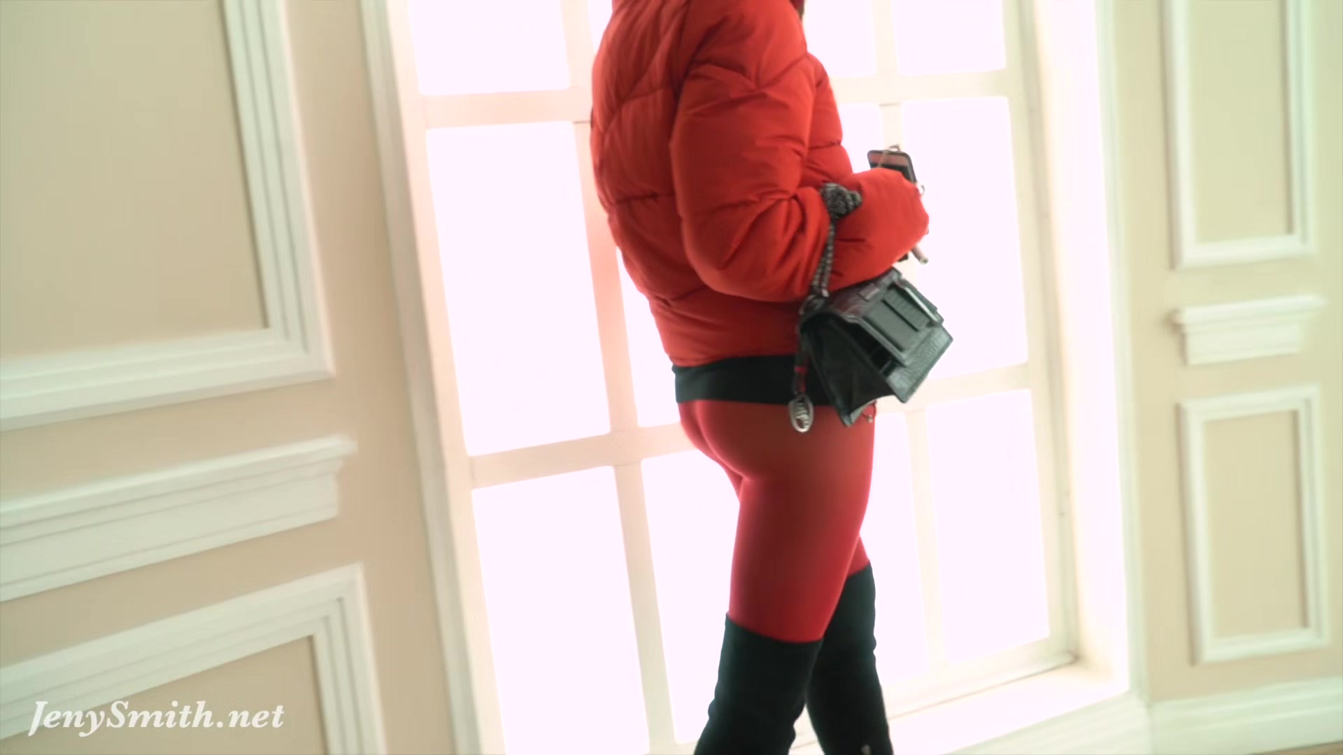 Red Tights. Jeny Smith public walking in tight red pantyhose (no panties)