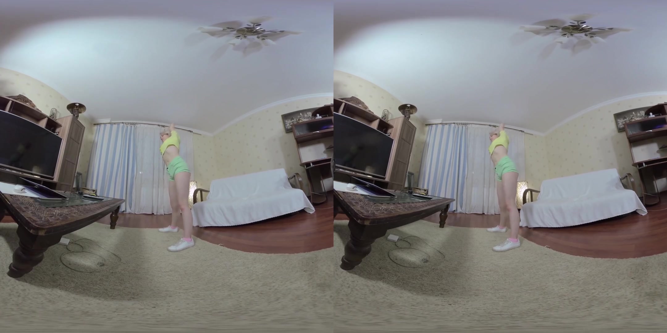 Little Young Blonde Does Fitness And Masturbates Then Change Clothes & Does Blowjob For Old Professor; Petite Blonde