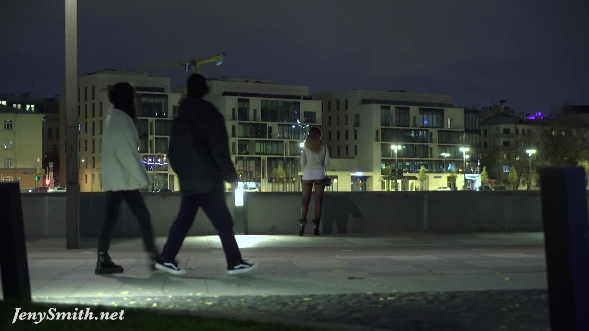 Jeny Smith walks in public in transparent tights without panties