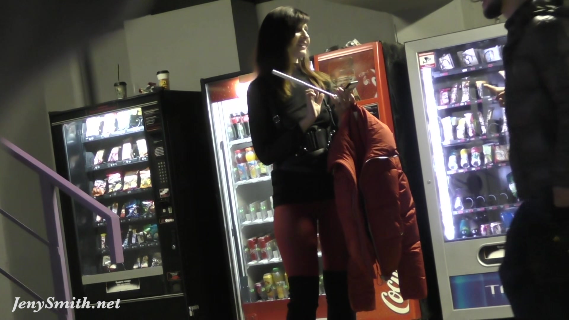 Red Tights. Jeny Smith public walking in tight red pantyhose (no panties)