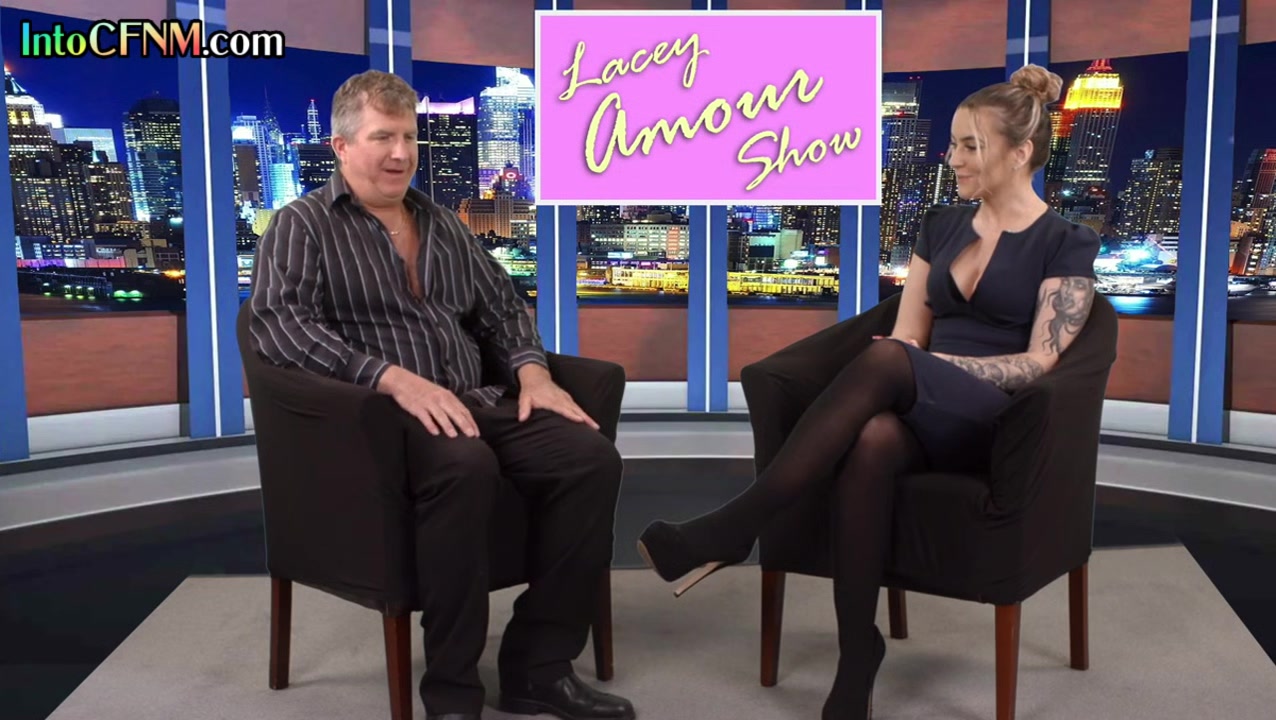 CFNM femdom TV host babe sucks and wanks guests cock