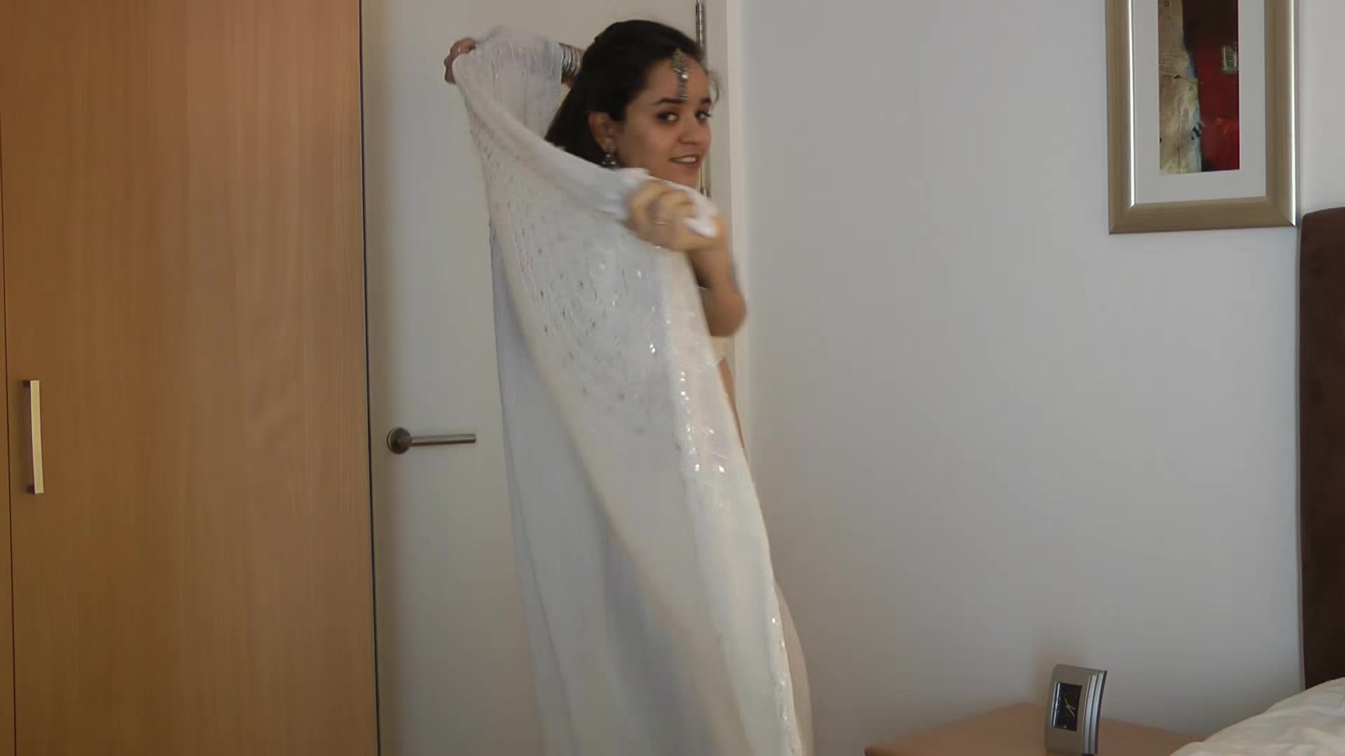 Indian Beautiful teen 18+ Babe Jasmine Striptease and Fingering In White Desi Sari