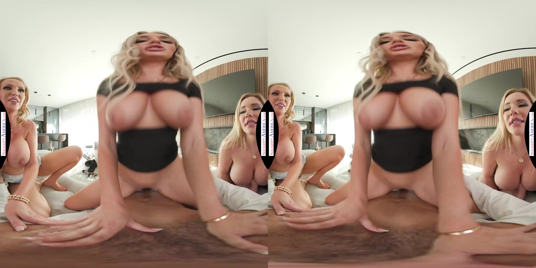 Married housewife, Nikki Benz, wants to share a big dick between her and her friend's Kayley Gunner and Savannah Bond while her husband is out of town