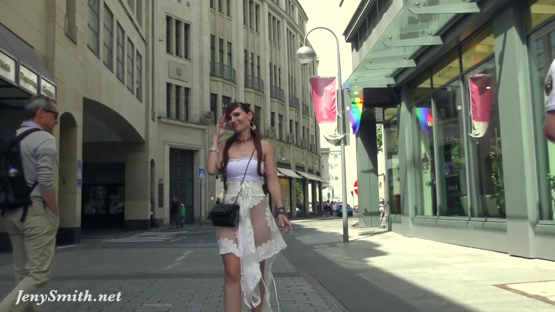 Jeny Smith walks in public in transparent dress without panties