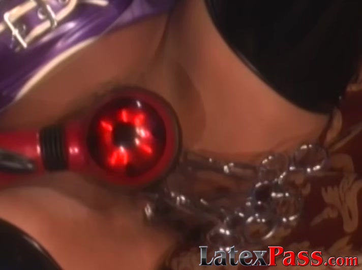 Busty latex vixen dominates young dark skinned babe