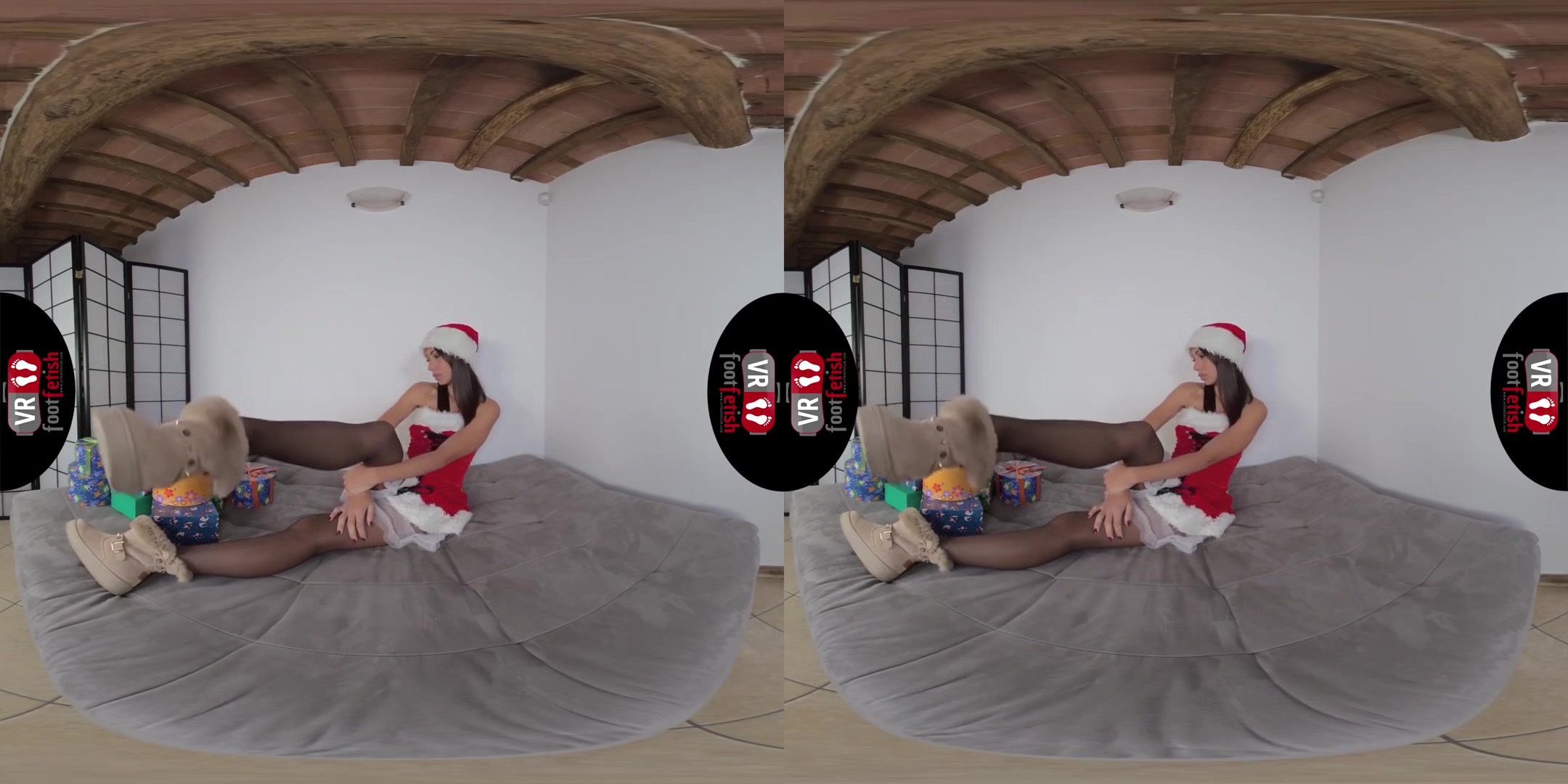 Stunning Daniela flaunts her sexy feet and wishes you Merry Christmas; Stockings Foot Fetish VR