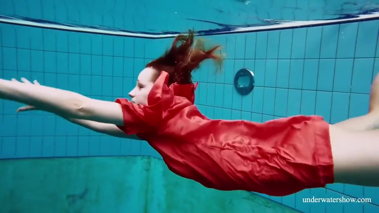 Red Long Dress And Big Tits Floating In The Pool