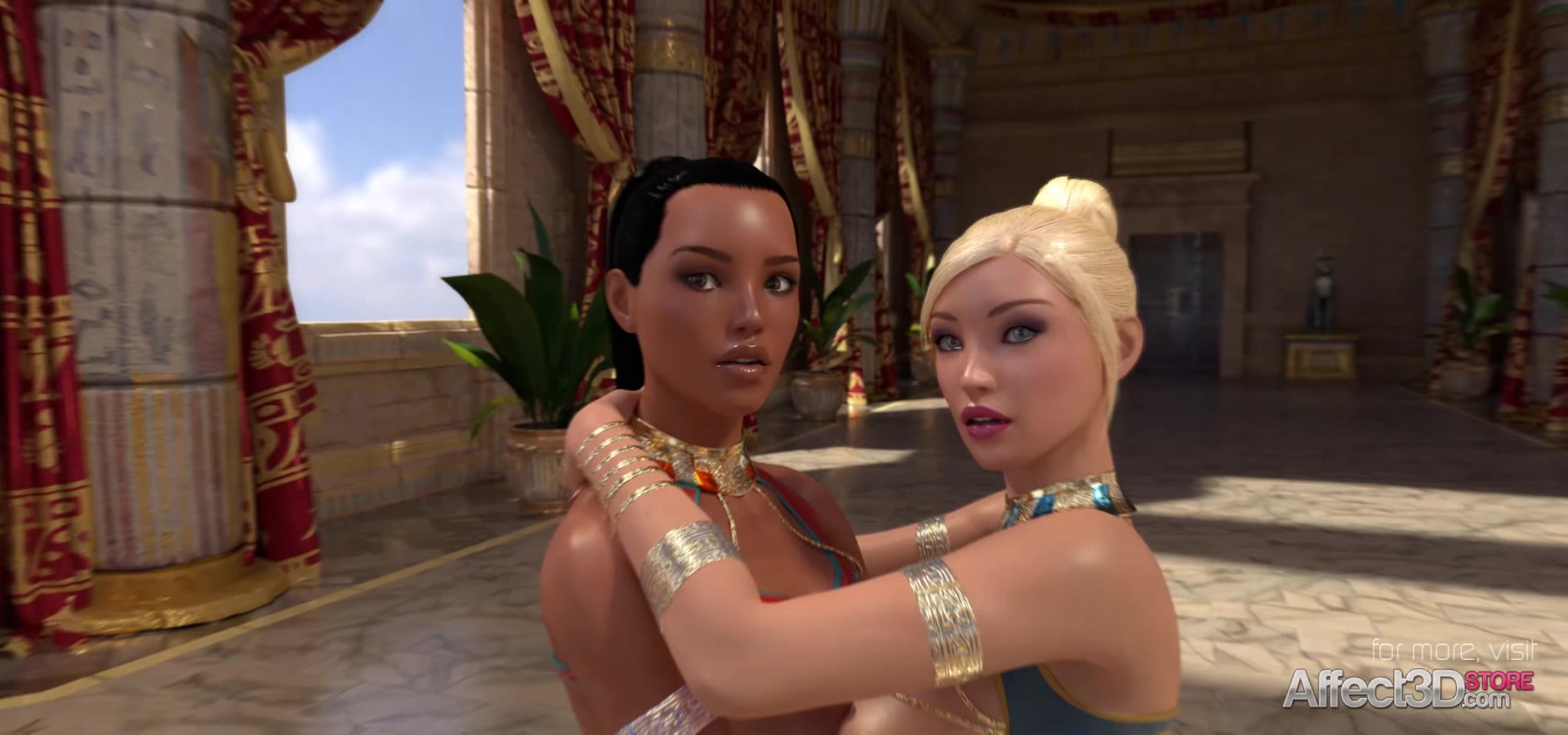 Ebony and blonde futanari babes entertaining the Egyptian princess