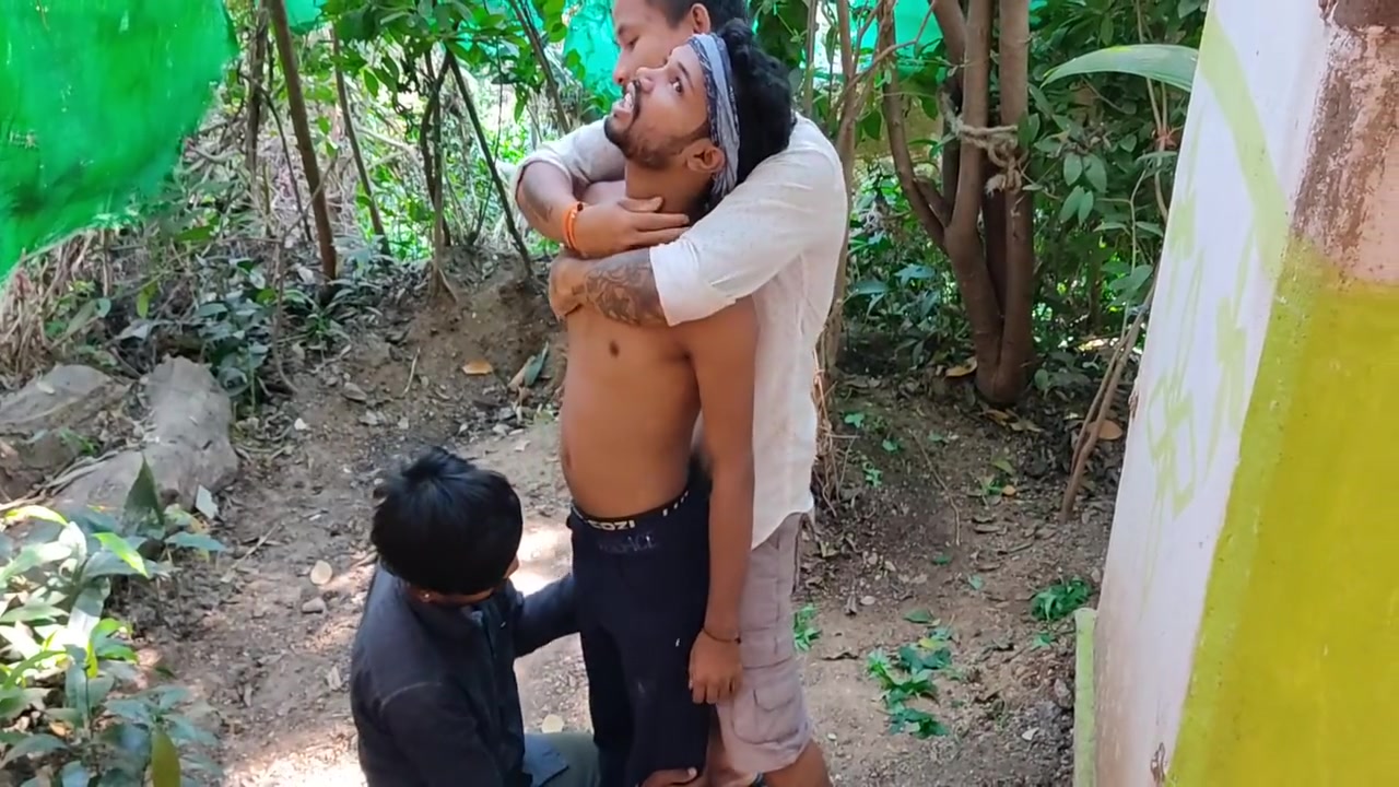Three College Boys Enjoy Sex In The Woods Behind The House