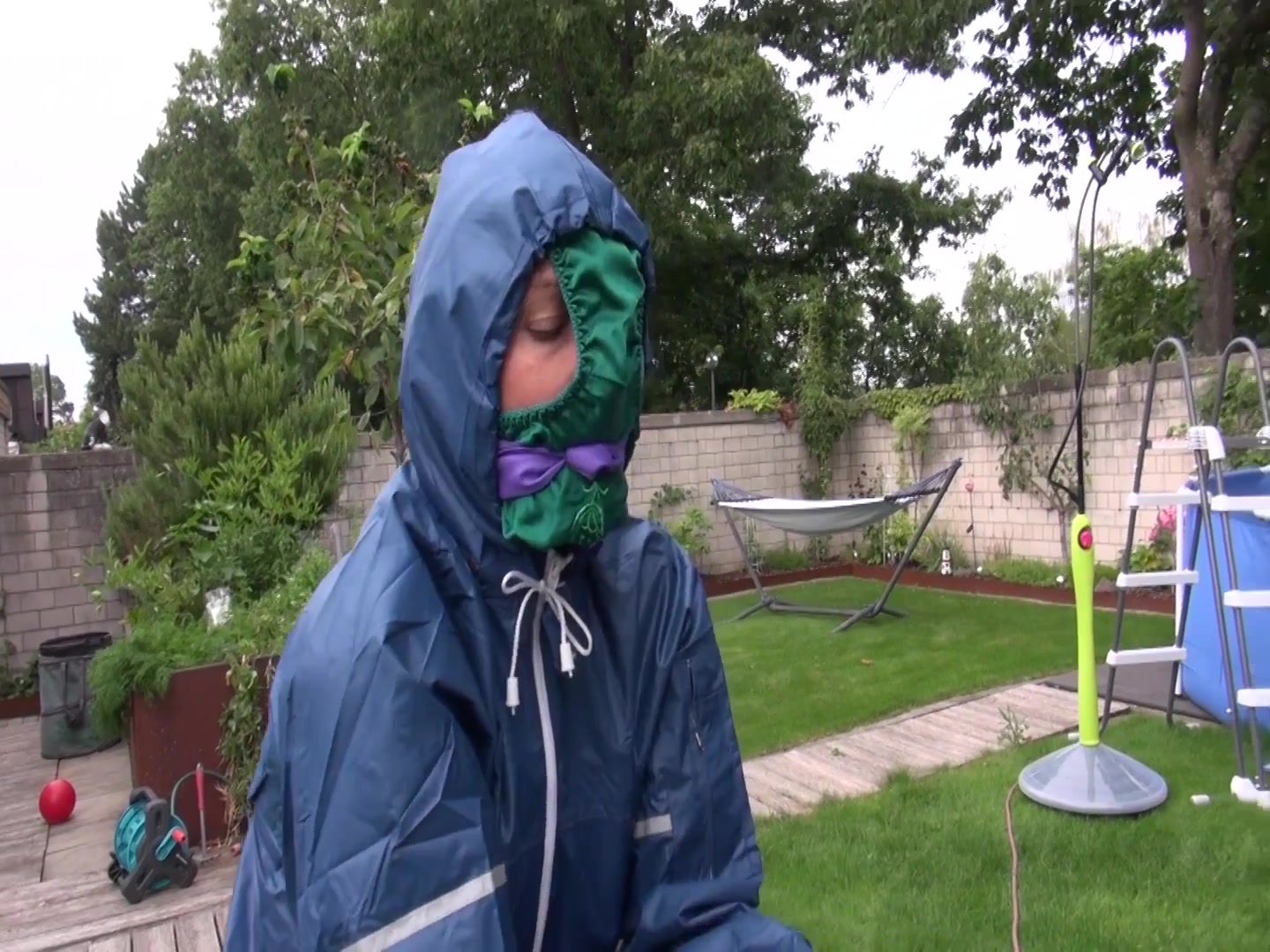 Watch Sandra Beeing Bound, Gagged With A Pantyhood In Her Oldschool Rainsuit