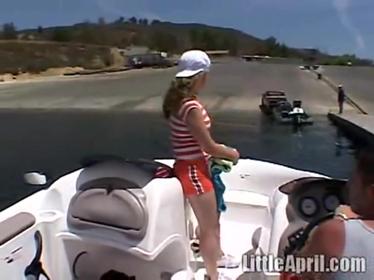 Sexy teen 18+ Little April playing with her snatch outdoors in rubber boat