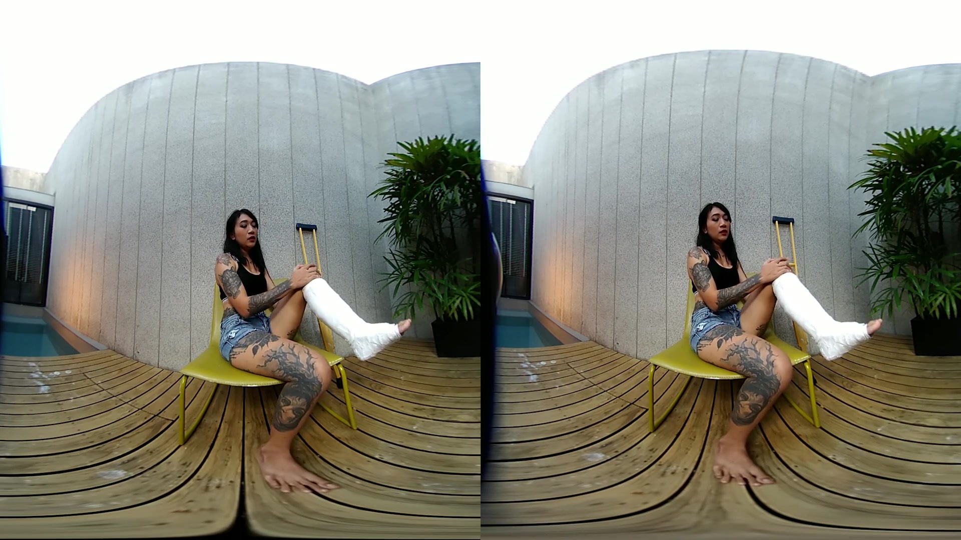 Tattooed Asian Model With Short Cast Leg (SCL) - VRpussyVision