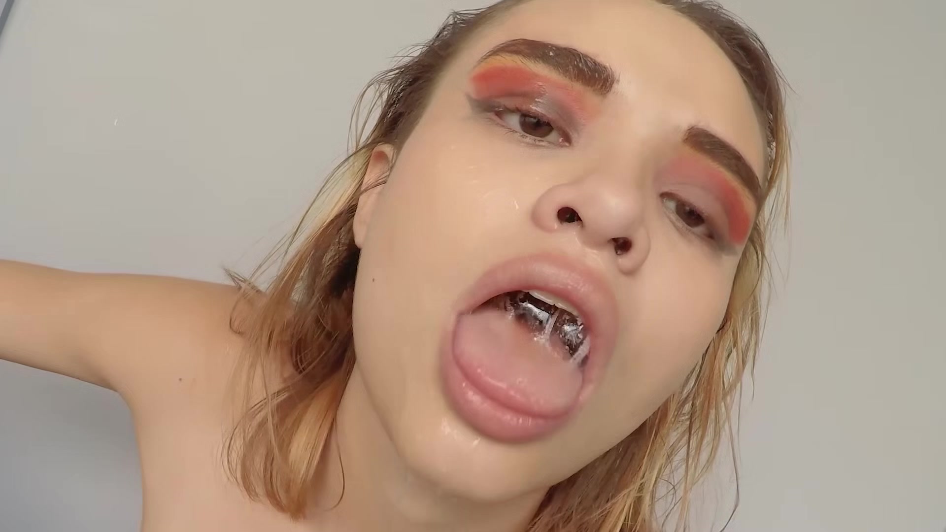 Big nipples slut is fed a massive cock real hard upside down deep throat