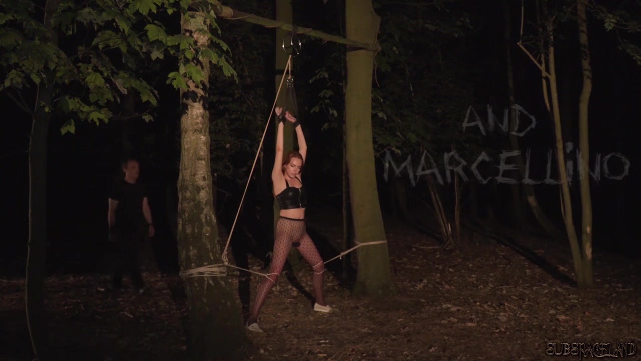 Outdoor teasing and torturing with cute redhead slave