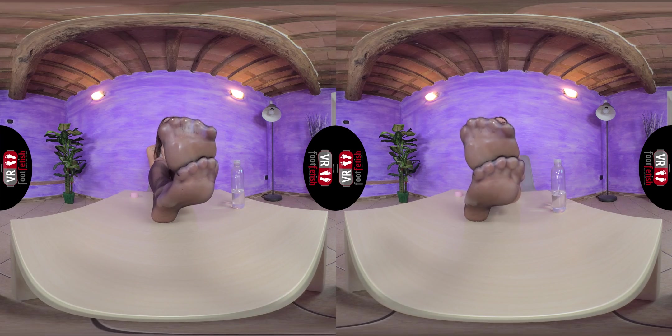 Sexy Brunette Petra Pours Some Oil On Her Nylon-Clad Feet; Foot Fetish VR Solo